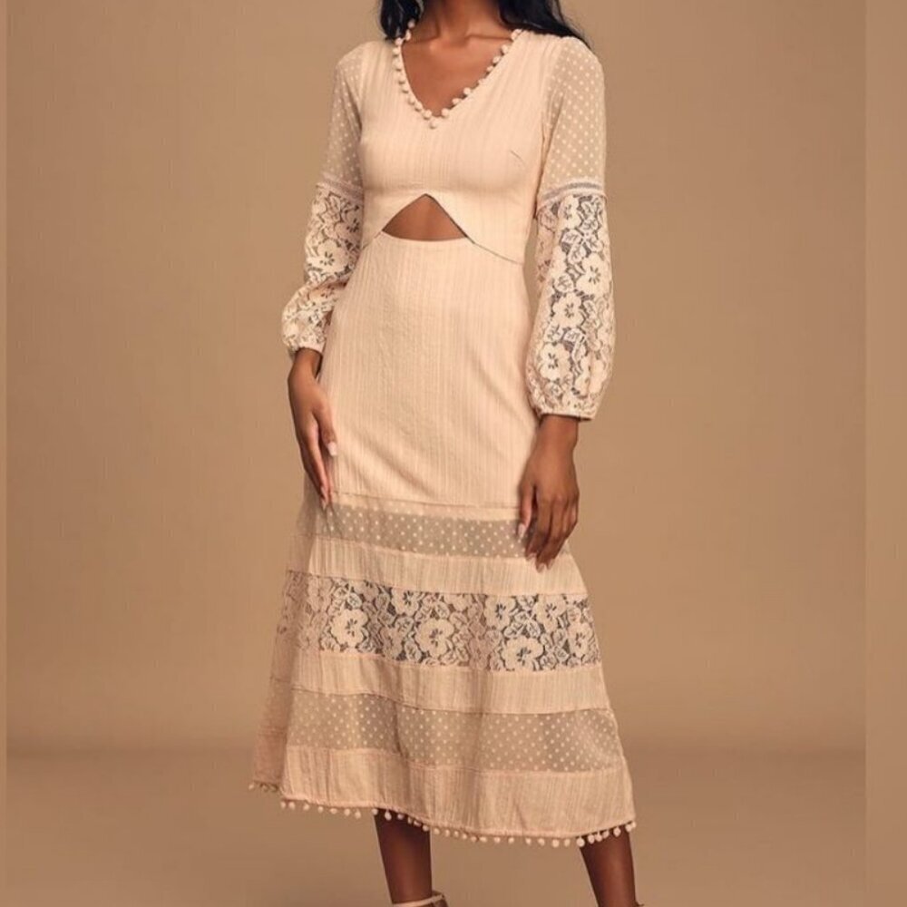 Lulu's Modern Menagerie Blush Lace Cutout Long Sleeve Pompom V-neck Midi Dress M